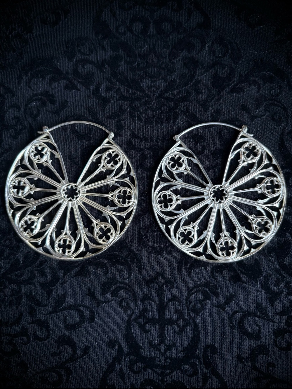 Huge Gothic Cathedral Rosette Window Silver Hoop earrings